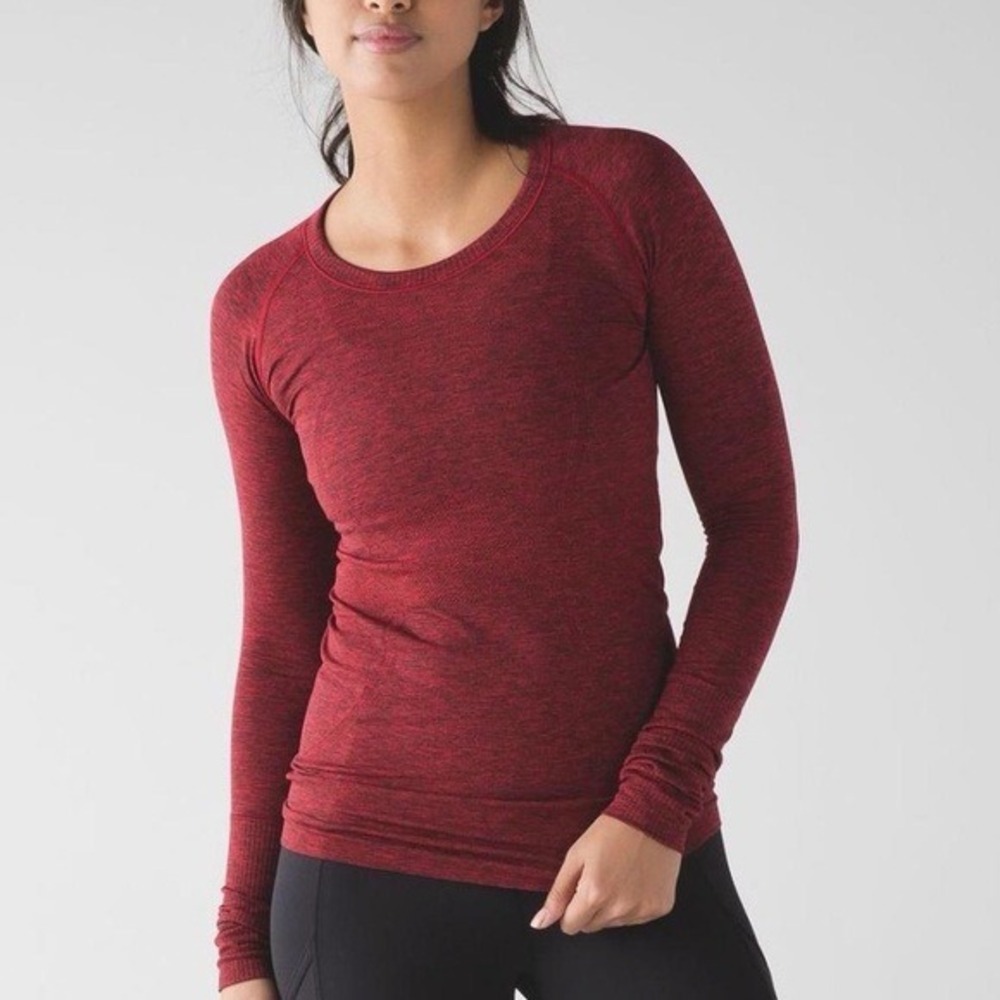 Lululemon Women 6 Swiftly Tech Long Sleeve Crew Top W3M18S Thumb Holes Red EUC